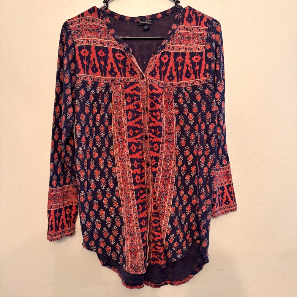 Lucky Brand Tunic Women Small Blue Red Boho Ikat Floral Button V-Neck Top